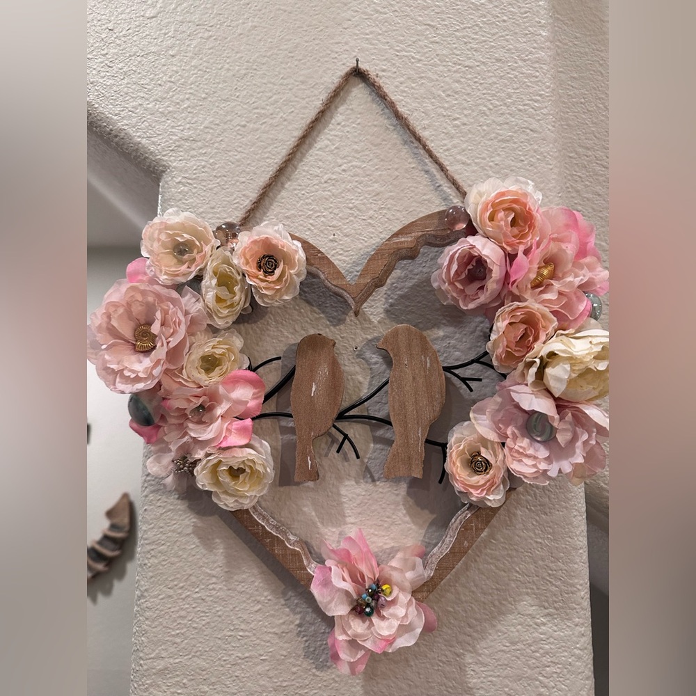 Handmade Floral Heart Wall Decor Birds Shabby Chic Cottagecore Wood Hanging